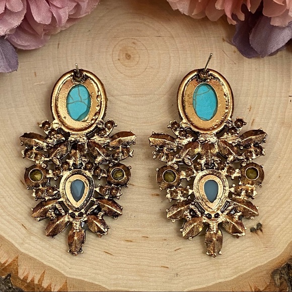 Vintage Turquoise and Crystal Statement Earrings - Picture 6 of 10